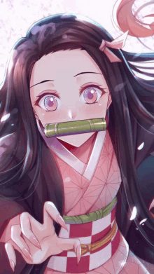 a girl with long hair and a bamboo nose