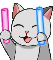 a cartoon cat is holding a pink and blue light stick