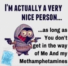 a minion is holding two guns and a cube of meth .