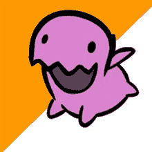 a cartoon drawing of a pink monster with a big smile