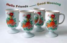 four mugs with flowers on them and the words hello friends good moening