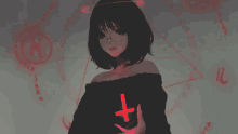 a girl holding a red cross in front of a pentagram