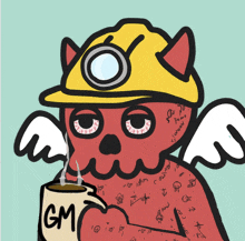 a cartoon drawing of a devil wearing a hard hat and wings holding a cup with the letter gm on it