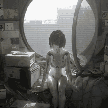 a naked robot is sitting in front of a window .