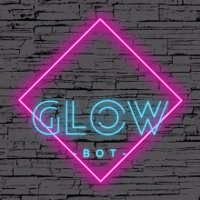 a neon sign that says glow bot is on a brick wall