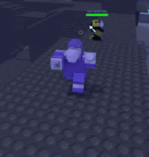 a person in a purple outfit is standing on a railing