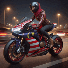 a woman wearing a helmet is riding a motorcycle with a malaysia flag on the front