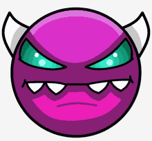 a purple circle with horns and teeth on it