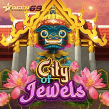 a slot machine called city of jewels has a statue of a demon on top of a building surrounded by flowers .