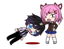 a girl with pink hair is standing next to a boy who is laying on the floor