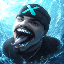 a man wearing a beanie with an x on it sticking his tongue out