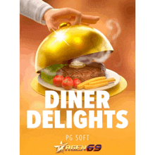 an advertisement for diner delights with a steak and french fries