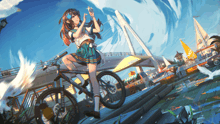 a girl riding a bike with a sticker on the front that says ' yamaha '