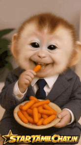 a baby monkey in a suit and tie is eating carrots from a plate