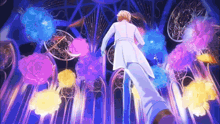 a man in a white coat is standing in a room surrounded by flowers and balloons .