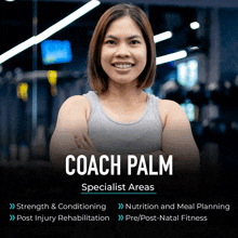 a picture of a woman with the name coach palm