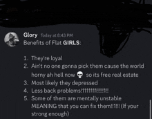 glory today at 8:43 pm benefits of flat girls 1. they 're loyal