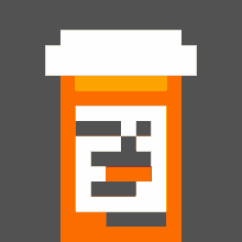 a pixel art illustration of a bottle of pills with a face on it .