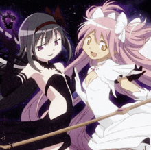 a couple of anime girls standing next to each other with one holding a broom