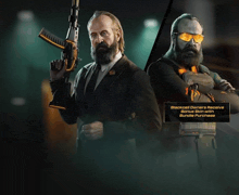 a man with a beard holding a gun next to another man with a beard