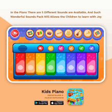 an advertisement for a kids piano app that allows children to learn music