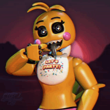 chica from five nights at freddy 's is holding a cup of coffee in her mouth