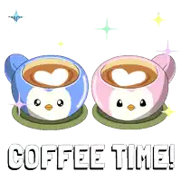 two cups of coffee with penguin faces and the words coffee time written below them