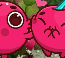 two pink cartoon characters are standing next to each other in front of leaves