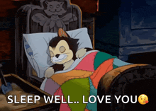 a cartoon cat is sleeping in a bed with the words " sleep well love you " above it
