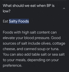 a page that says what should we eat when bp is low eat salty foods