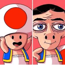 a cartoon of a toad wearing a mushroom hat and a man wearing a blue vest .