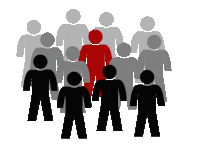 a group of people are standing in a line with a red figure in the middle