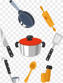 a set of kitchen utensils including a pot a knife a spatula and a rolling pin