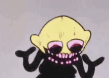 a cartoon drawing of a lemon demon with purple eyes and a black mouth .