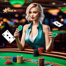 a woman sitting at a poker table with chips and playing cards in front of a banner that says agen 69