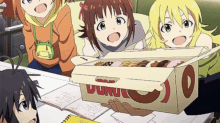 a group of anime girls are looking at a box of donuts from dunkin donuts