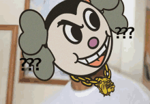 a cartoon character is wearing a gold chain around his neck and has a question mark on his face