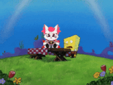 a cartoon of a cat sitting at a picnic table next to a spongebob says i neeeeed it