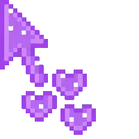 a pixel art of a purple arrow with three purple hearts coming out of it .