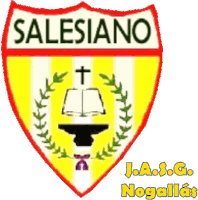 a yellow and red shield that says salesiano on it