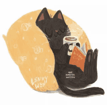 an illustration of a black cat reading a book called the birthday cat