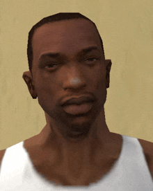 a close up of a man 's face with a white tank top on