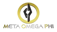 a logo for meta omega phi with a gold circle and a black arrow