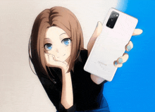 a girl holding a white samsung phone in her hand