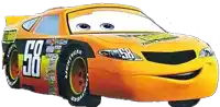 a yellow race car from the movie cars with the number 58 on the front .