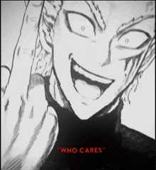 a black and white drawing of a man with the words " who cares " underneath