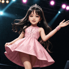 a little girl in a pink dress and tiara