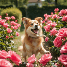 a dog in a field of pink roses with its mouth open