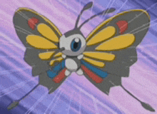 a cartoon butterfly is flying in the air with a purple background .