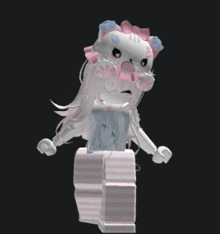 a white cat with a pink bow on its head is standing on a pink and white striped block